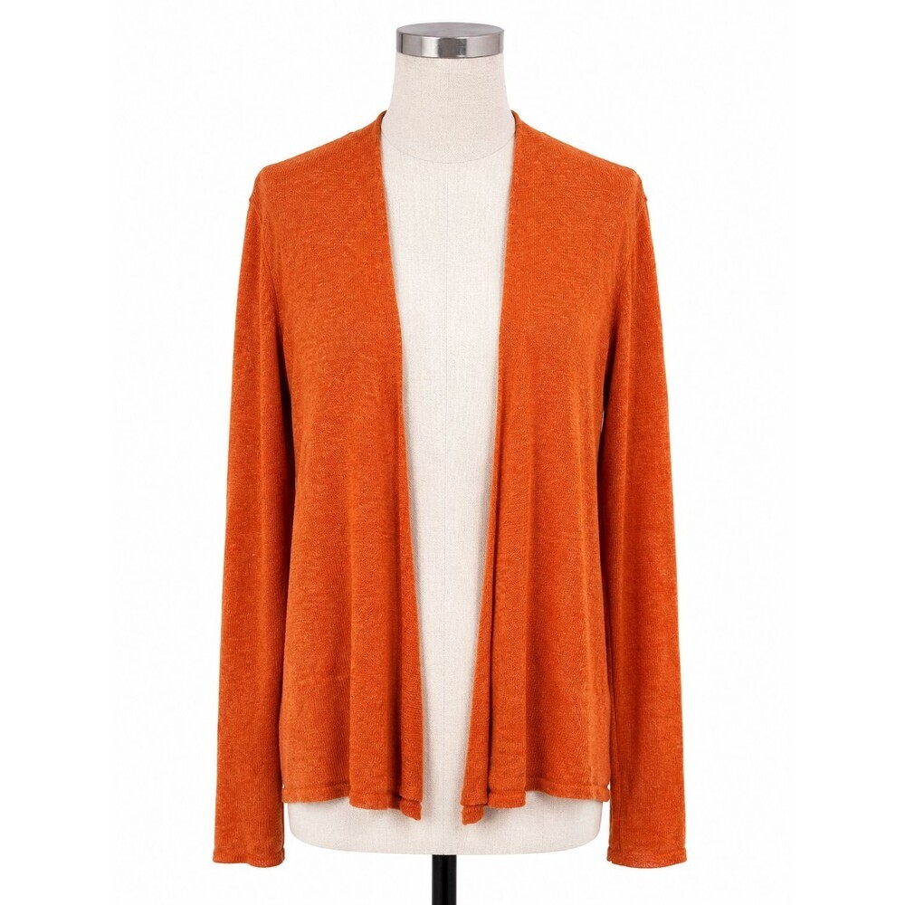Eileen Fisher Open Front Sweater 100% Linen Size Medium Orange Long Sleeve Cardi